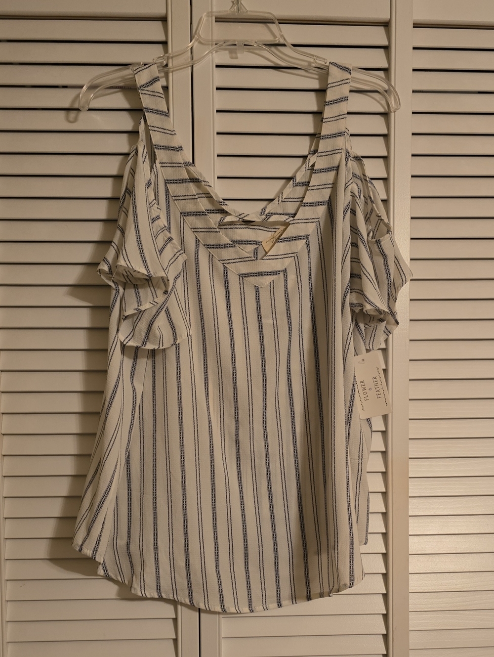 Cold-Shoulder V-Neck Striped Tank Top in White and Navy